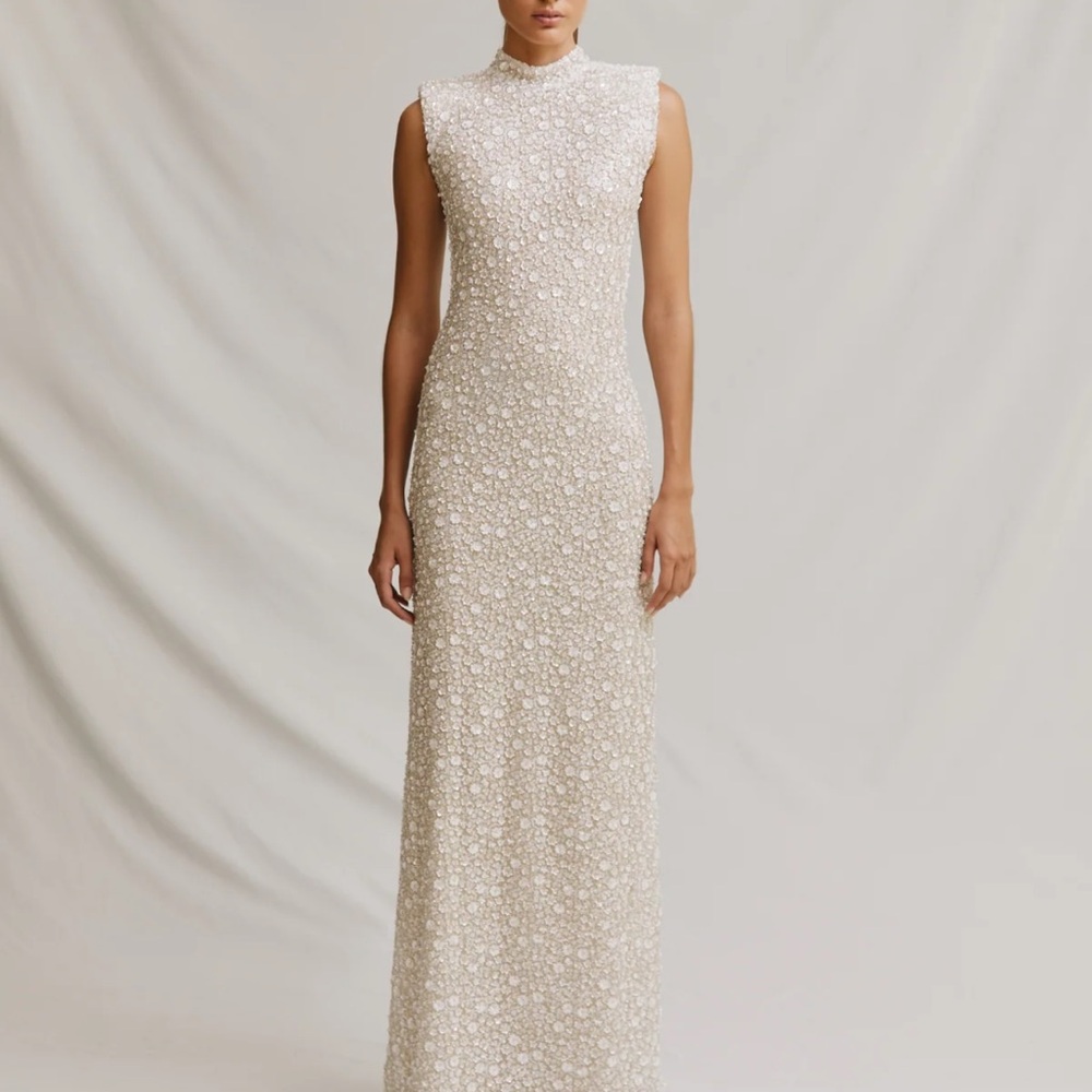 Sleeveless Beaded High-Neck Wedding Gown - Cream